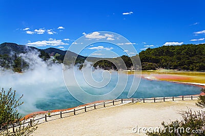 The Champagne Pool at Wai-O-Tapu or Sacred Waters â€“ Thermal Wonderland Rotorua New Zealand Stock Photo